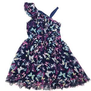 Epic Threads Girl Purple And Blue Butterfly Print One Shoulder Dress Size S